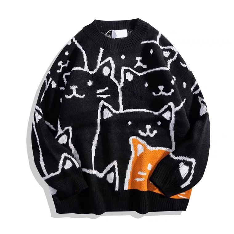 小貓可愛復古慵懶風圓領長袖針織衫