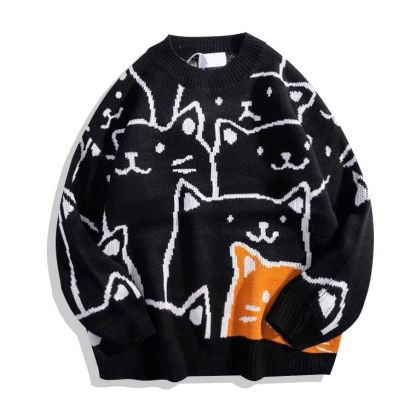 小貓可愛復古慵懶風圓領長袖針織衫