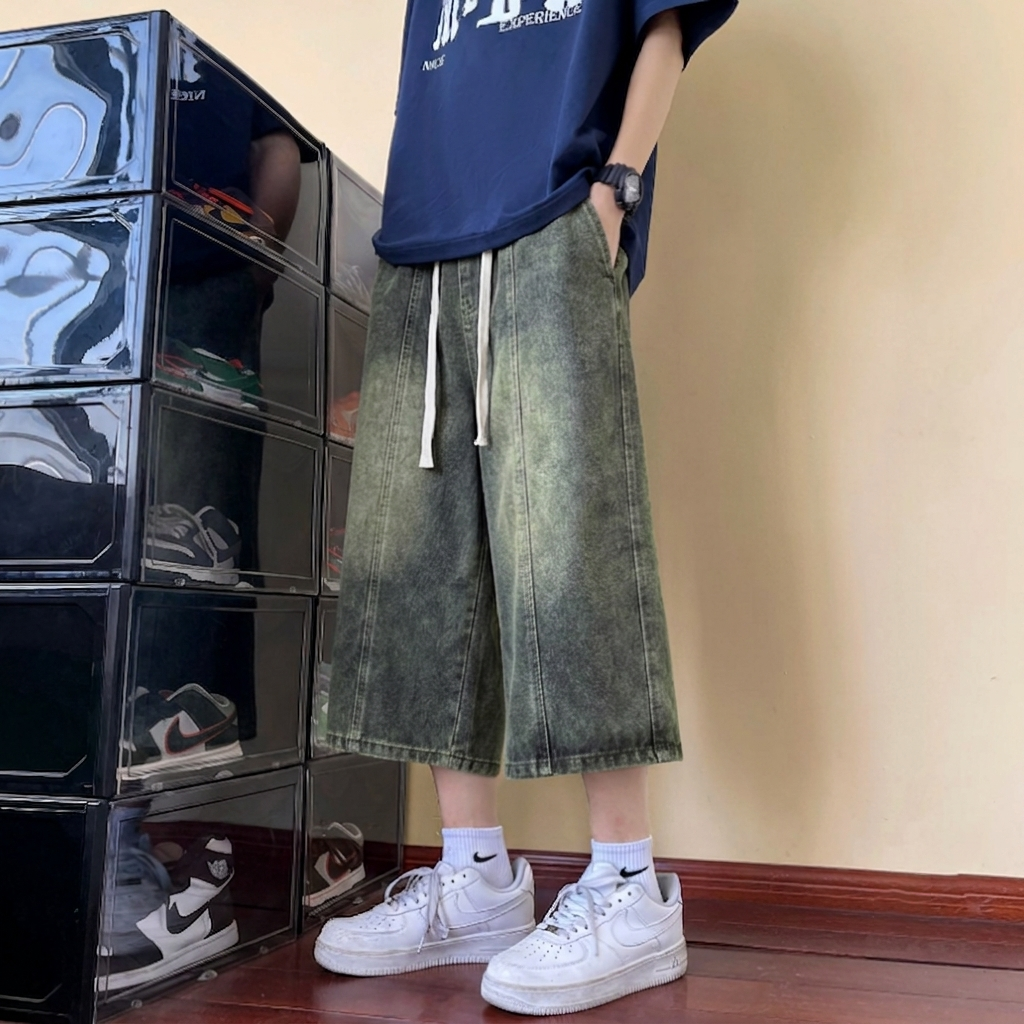 薄款寬鬆短褲直筒休閒七分牛仔褲