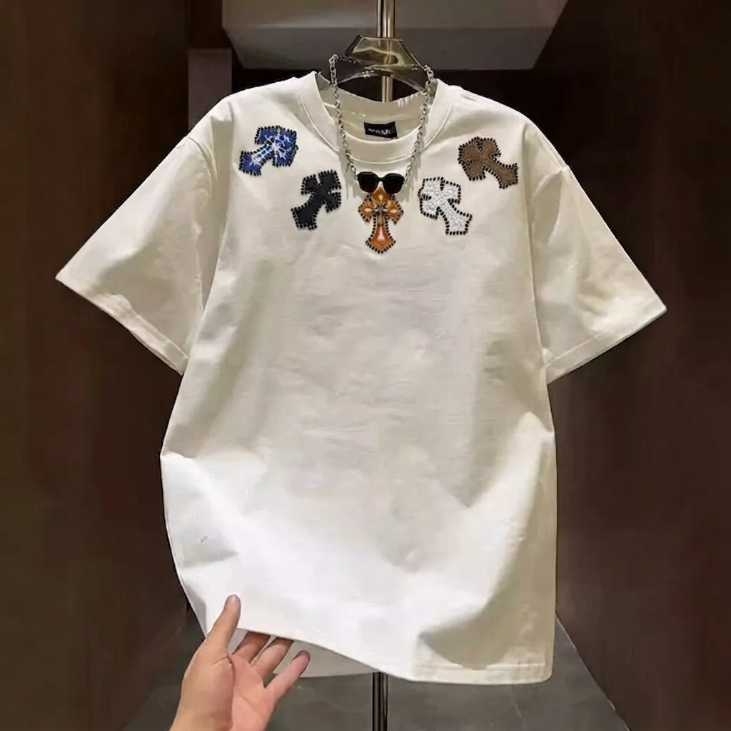 時尚痞帥十字架刺繡潮流高質量百搭短袖