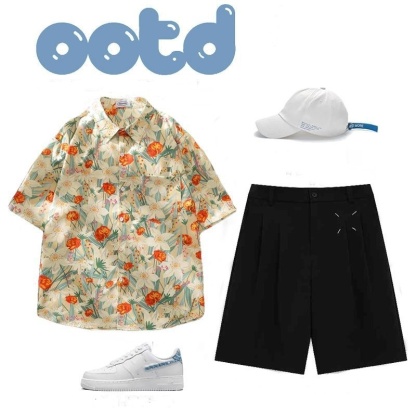 【單件/整套】冰絲花襯衫高級感痞帥沙灘短褲套裝