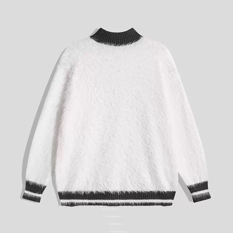 半高領加厚仿馬海毛條紋針織毛衣