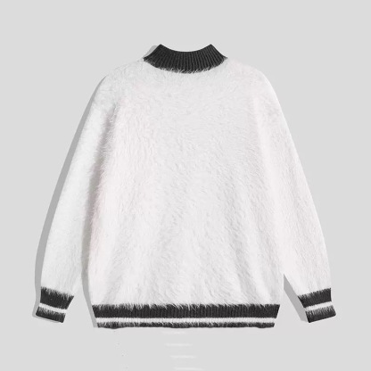 半高領加厚仿馬海毛條紋針織毛衣