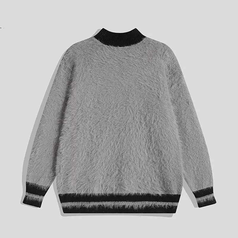 半高領加厚仿馬海毛條紋針織毛衣