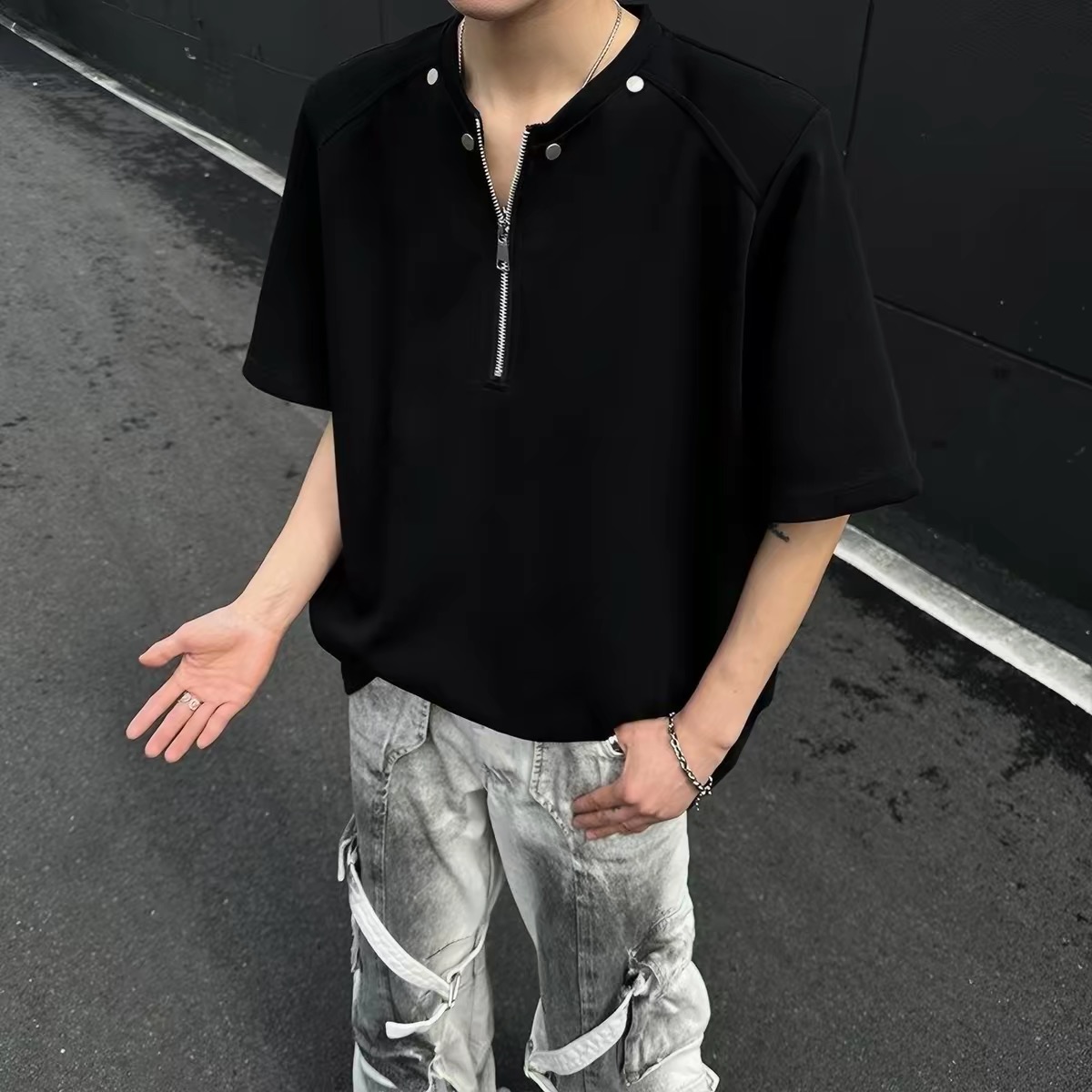 美式純棉重磅釘飾亨利拉鍊短袖T恤