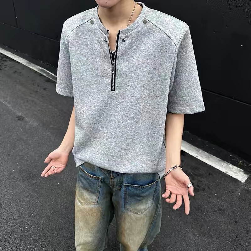 美式純棉重磅釘飾亨利拉鍊短袖T恤