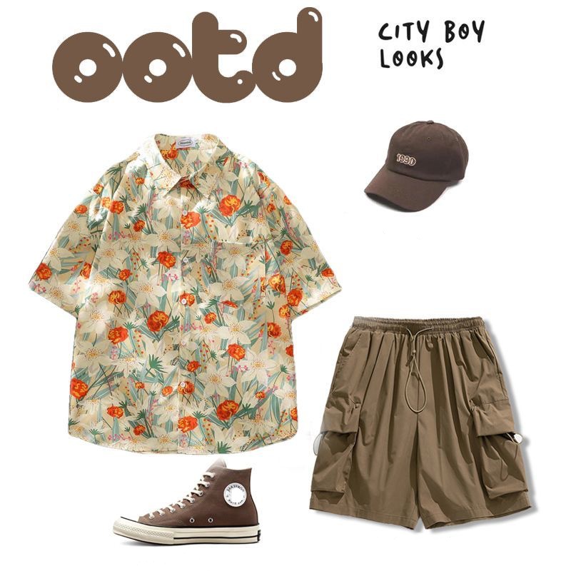 【單件/整套】冰絲花襯衫高級感痞帥沙灘短褲套裝