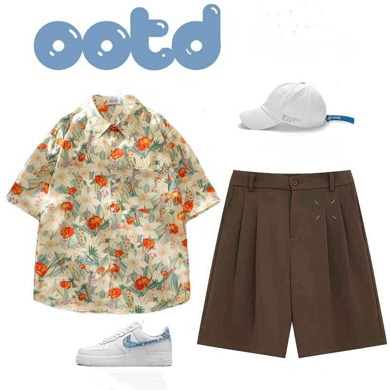 【單件/整套】冰絲花襯衫高級感痞帥沙灘短褲套裝