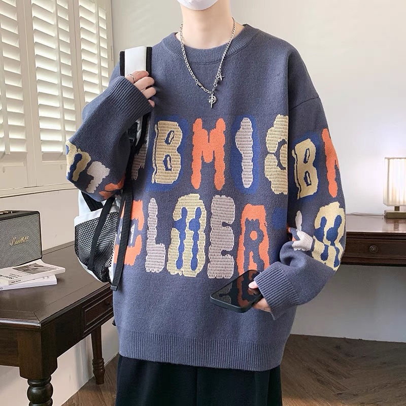 帥氣潮流時尚寬鬆字母撞色毛衣針織衫