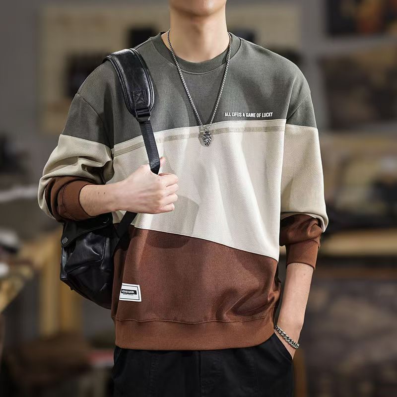 寬鬆圓領拼接美式潮流重磅撞色長袖衛衣-NitSoon