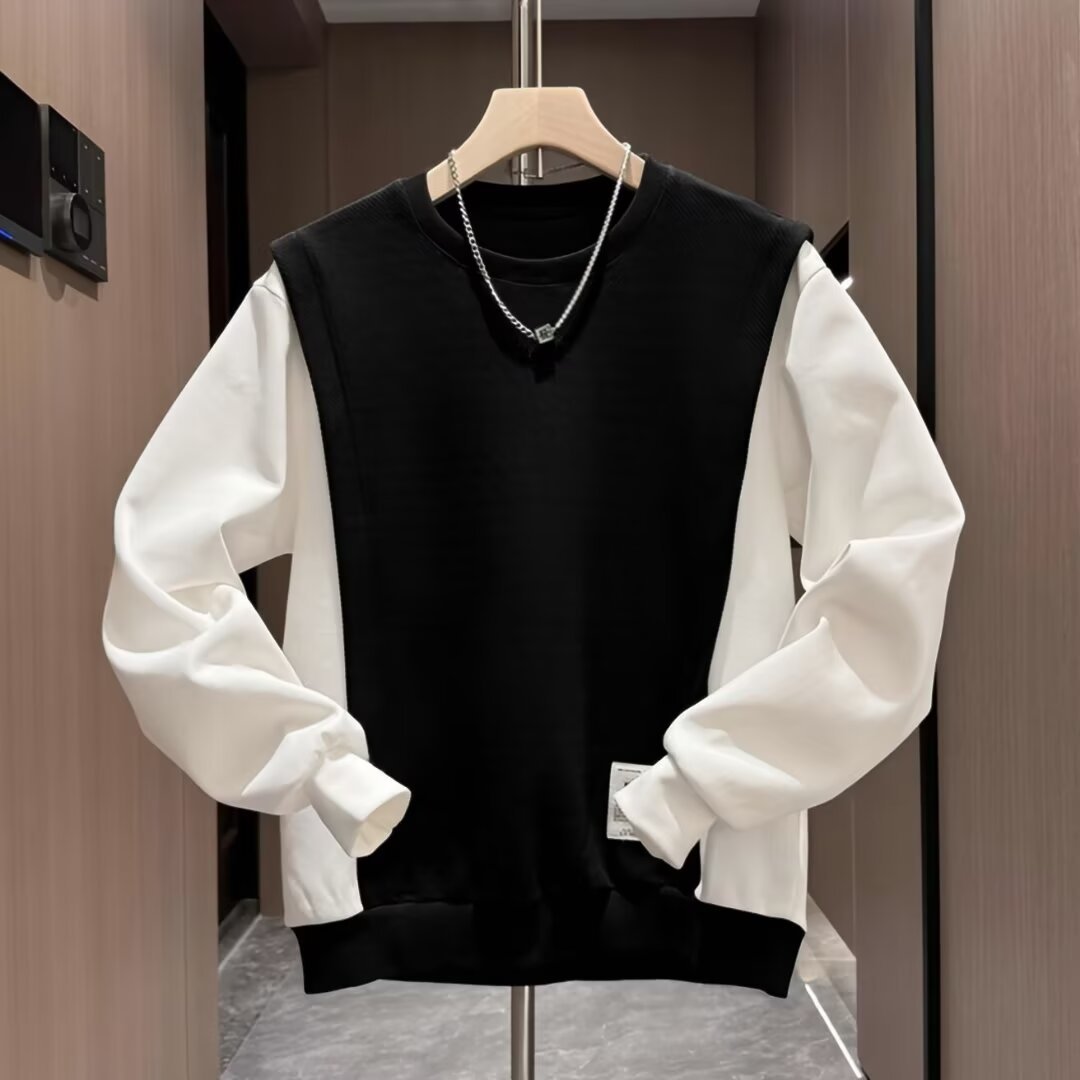 時尚假兩件寬鬆百搭圓領拼接打底長袖T恤