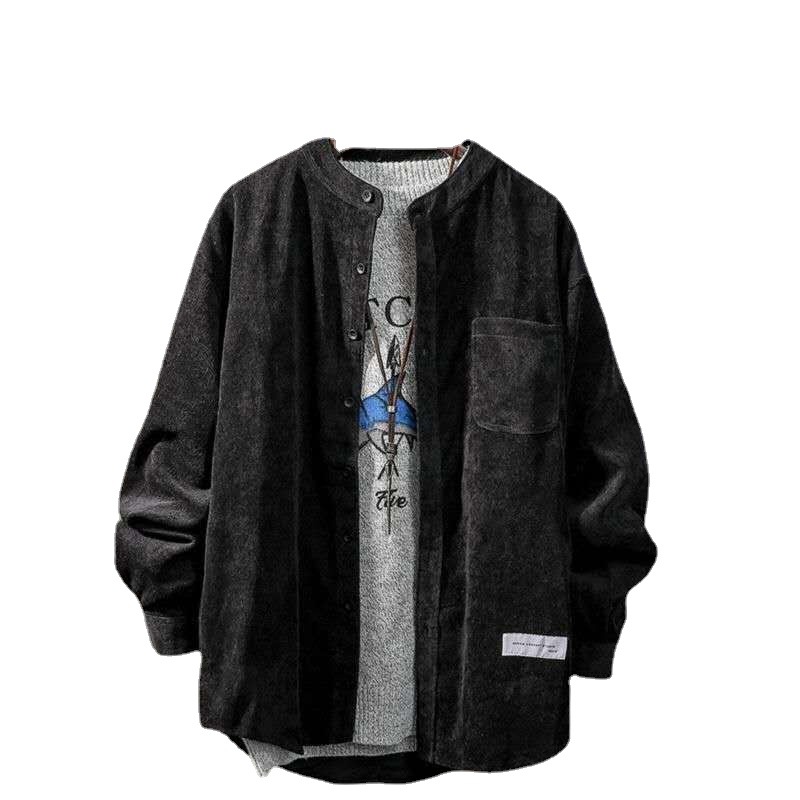 日系燈芯絨復古潮流立領長袖襯衫