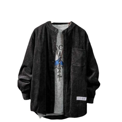 日系燈芯絨復古潮流立領長袖襯衫