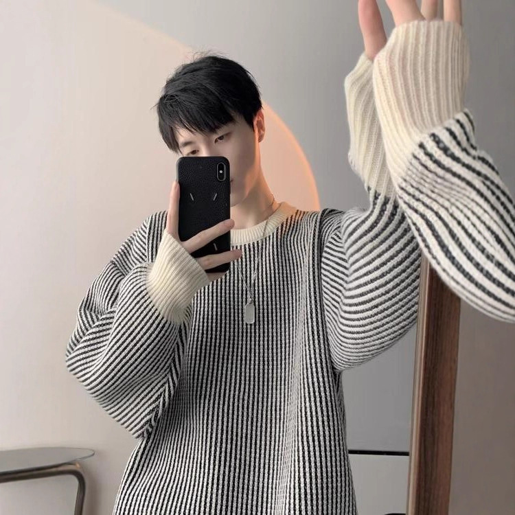 慵懶風條紋圓領毛衣港風百搭寬鬆針織衫