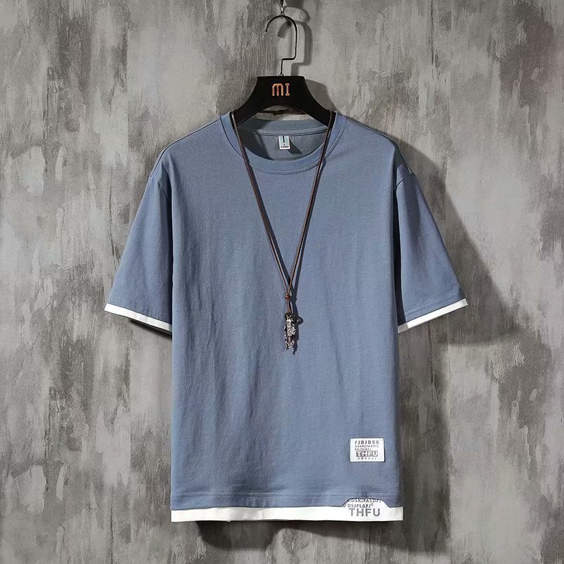 Ins潮流寬鬆港風五分半袖假兩件短袖t恤-Nuostyle