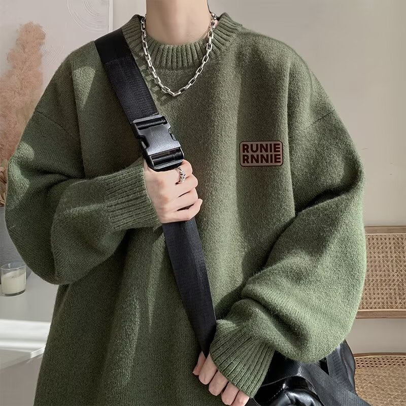 加厚慵懶風休閒寬鬆型素色長袖圓領針織毛衣