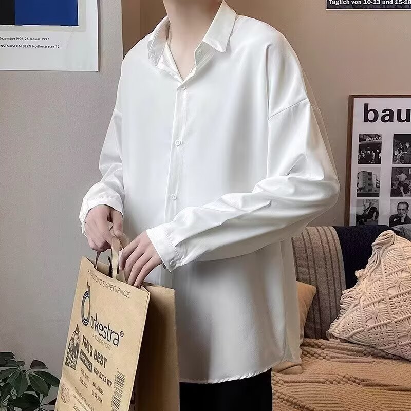 痞帥薄款冰絲垂感休閒大碼寬鬆長袖襯衫-NitSoon