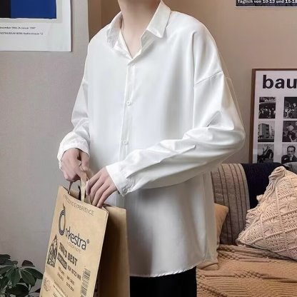 痞帥薄款冰絲垂感休閒大碼寬鬆長袖襯衫-NitSoon