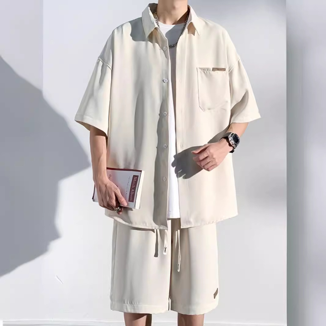 【整套】時尚痞帥寬松冰絲短袖襯衫+運動休閑短褲兩件套