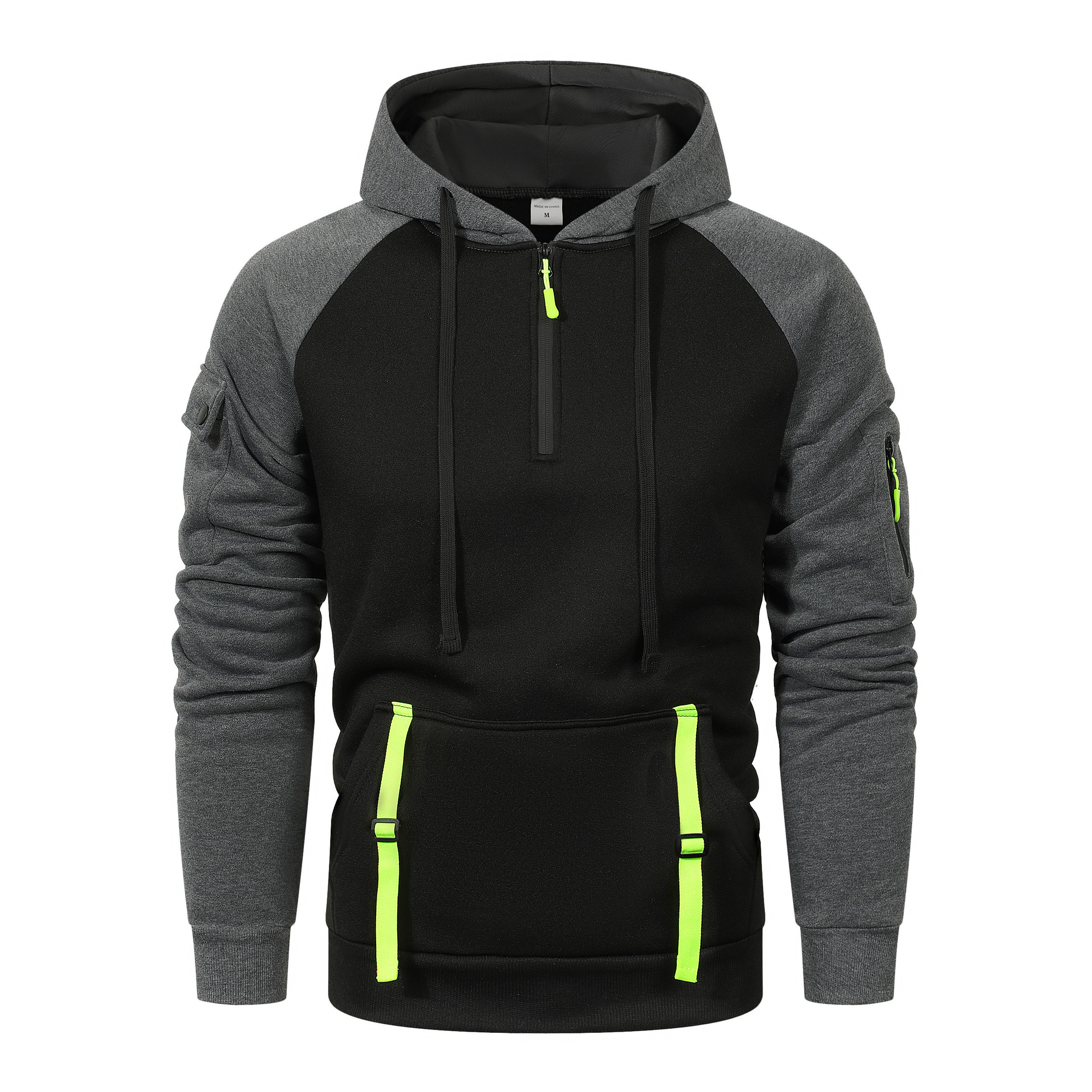 半拉鍊多口袋套頭插肩拼接運動休閒連帽衫