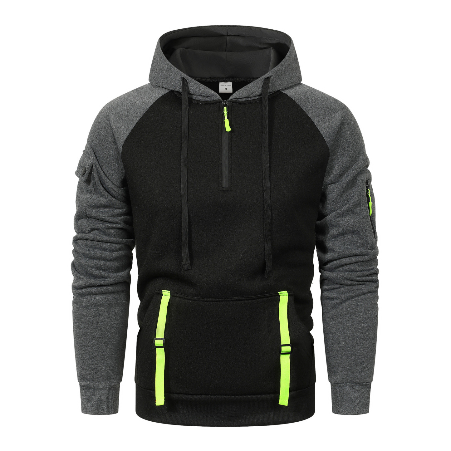 半拉鍊多口袋套頭插肩拼接運動休閒連帽衫