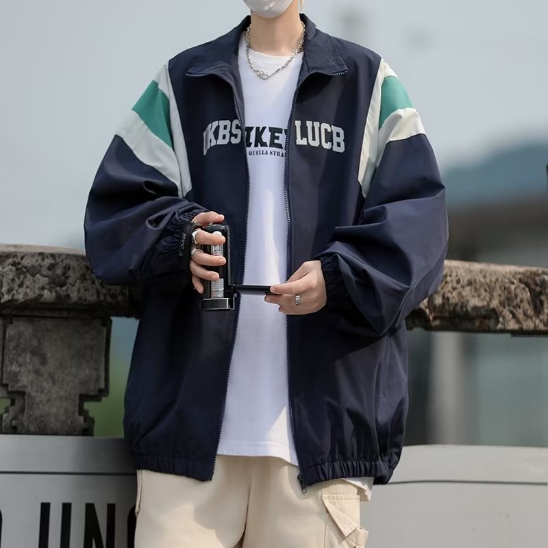 痞帥薄款嘻哈百搭拼接立領夾克外套