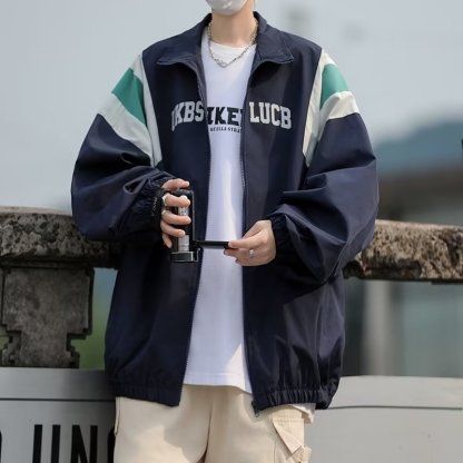 痞帥薄款嘻哈百搭拼接立領夾克外套