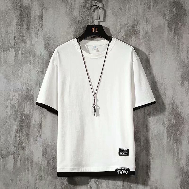 Ins潮流寬鬆港風五分半袖假兩件短袖t恤-Nuostyle