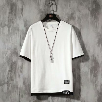 Ins潮流寬鬆港風五分半袖假兩件短袖t恤-Nuostyle