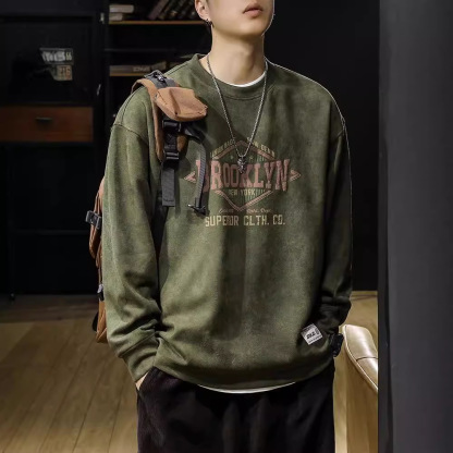 美式復古麂皮絨寬鬆潮牌圓領長袖T恤