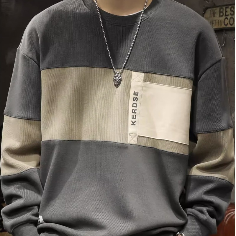 美式重磅青春時尚寬鬆寬鬆圓領拼色長袖T恤