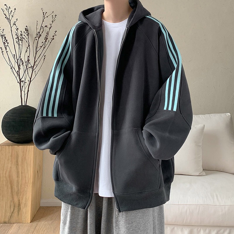 日系復古寬鬆休閒拉鏈條紋連帽外套