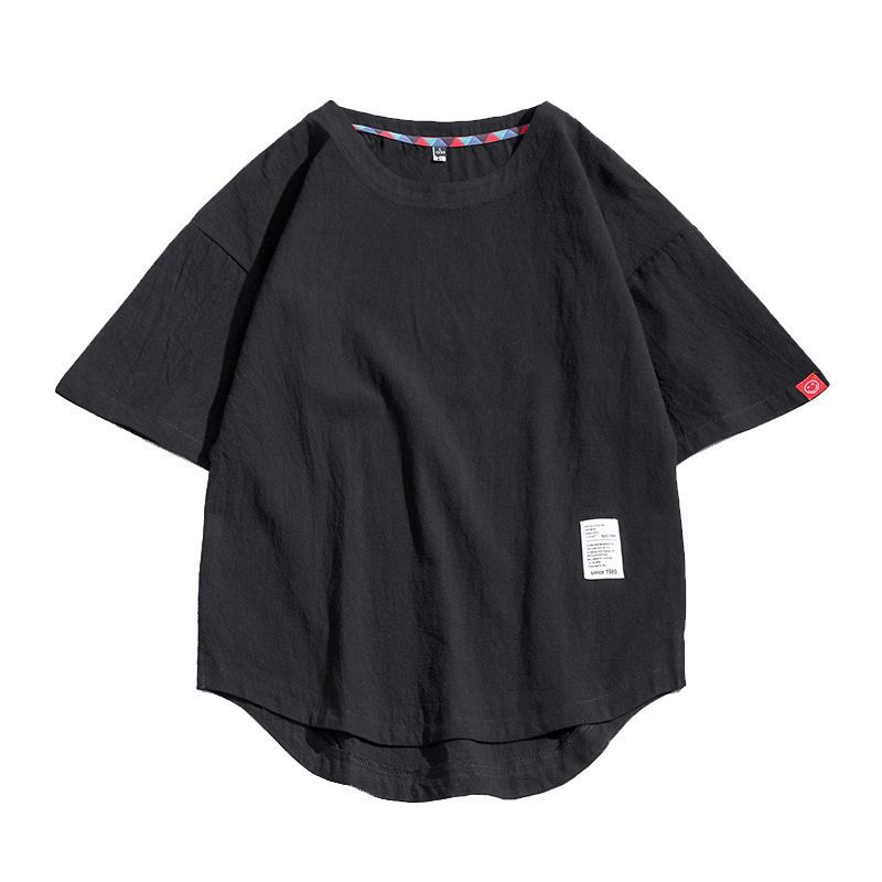 日系棉麻寬鬆純色貼布裝飾短袖T恤
