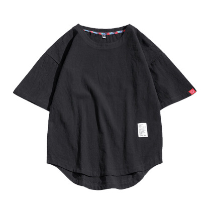 日系棉麻寬鬆純色貼布裝飾短袖T恤