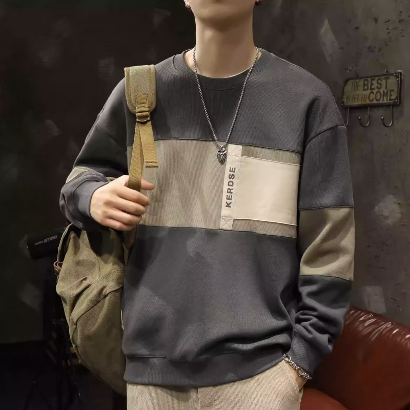 美式重磅青春時尚寬鬆寬鬆圓領拼色長袖T恤