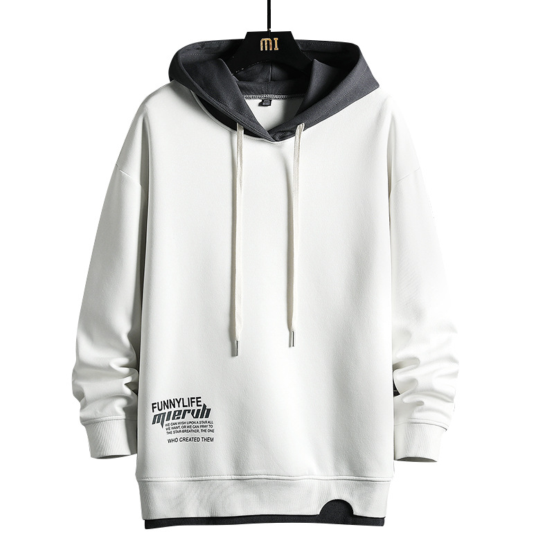 連帽長袖拼色假兩件撞色衛衣