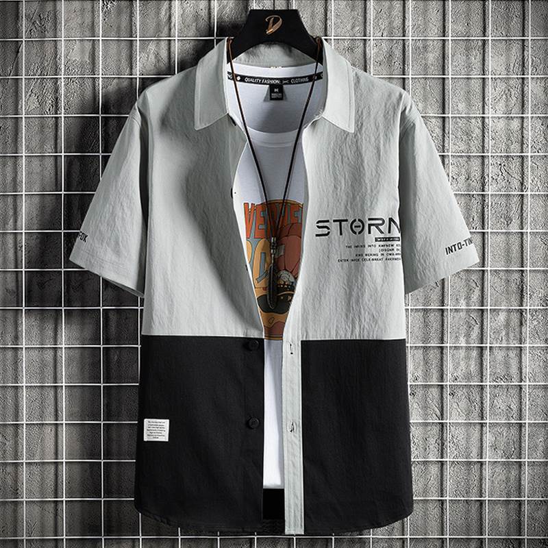 拼色薄款寬鬆潮牌港風日系寬鬆百搭襯衫上衣