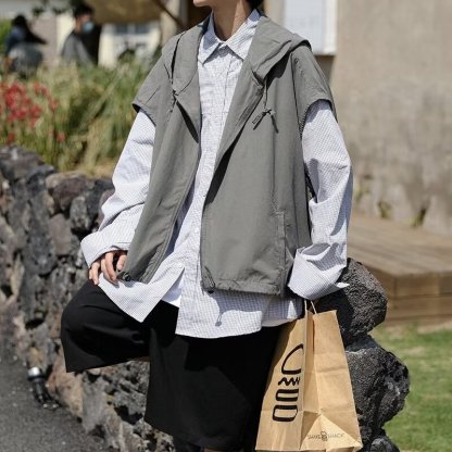 復古文藝休閒外搭寬鬆慵懶風連帽背心馬甲