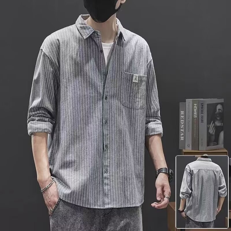 潮牌日系條紋打底長袖內搭寬鬆休閒襯衫