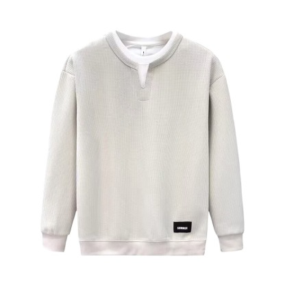 感痞帥V領假兩件潮牌休閒寬鬆長袖T恤