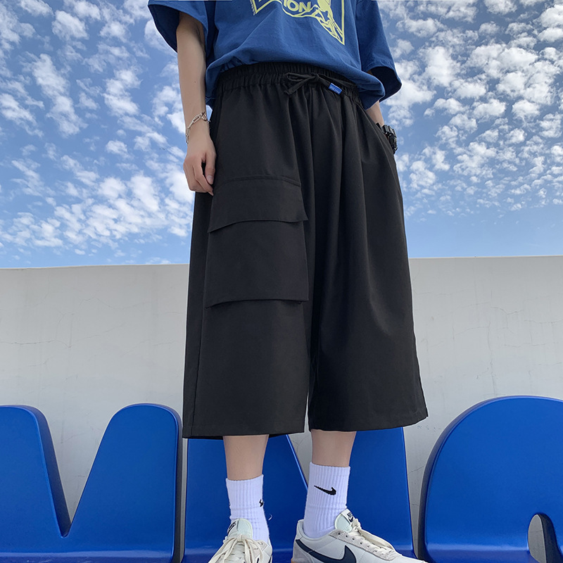 闊腿薄款設計感夏季外穿潮流工裝七分褲寬鬆冰絲褲子褲裝