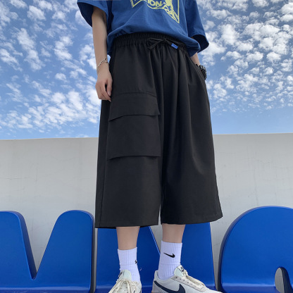 闊腿薄款設計感夏季外穿潮流工裝七分褲寬鬆冰絲褲子褲裝