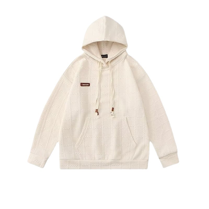 時尚素色帽衫方格雙帽繩重磅長袖連帽T