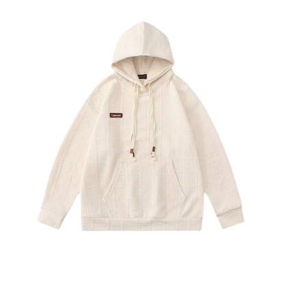 時尚素色帽衫方格雙帽繩重磅長袖連帽T