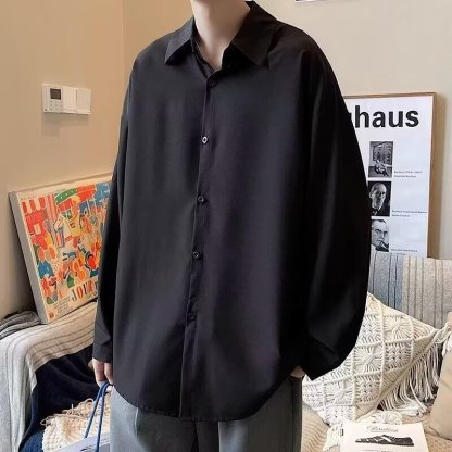 痞帥薄款冰絲垂感休閒大碼寬鬆長袖襯衫-NitSoon