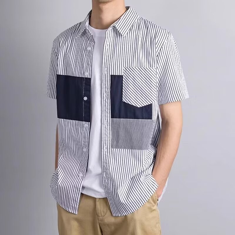 拼接撞色翻領條紋休閒時尚簡約港風襯衫
