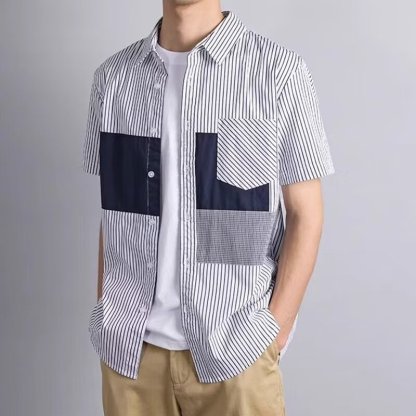 拼接撞色翻領條紋休閒時尚簡約港風襯衫