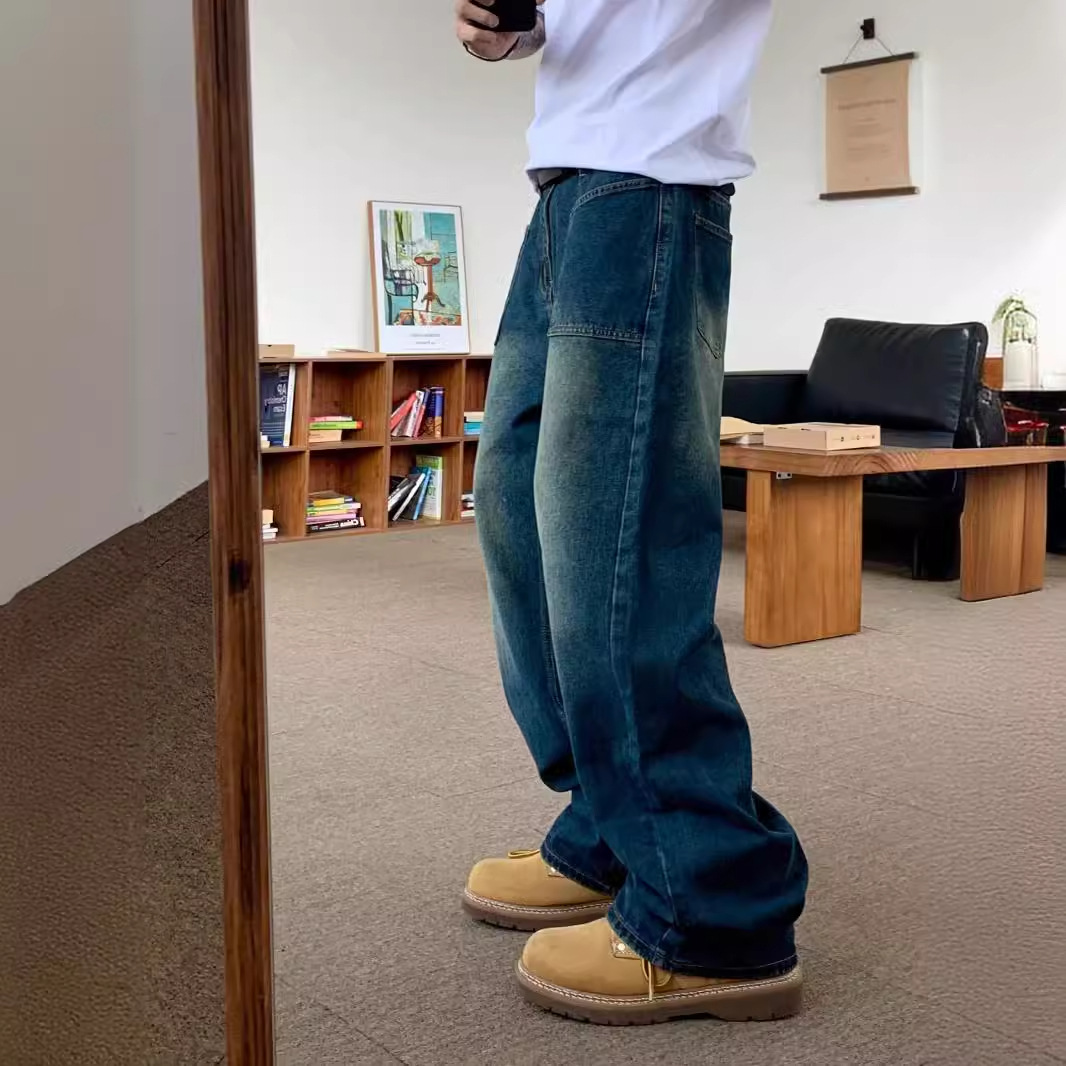 美式復古做舊牛仔垂感直筒寬鬆休閒拖地闊腿褲