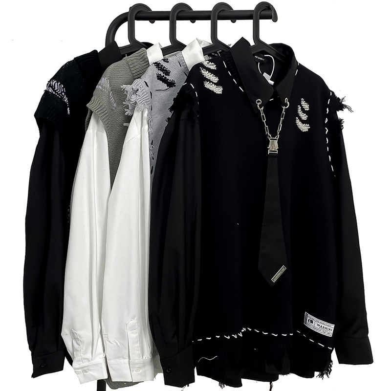 美式vibe高街破壞感毛邊無袖針織衫馬甲毛衣