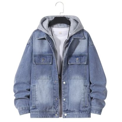 帶帽子夾克連帽休閒工裝牛仔假兩件外套